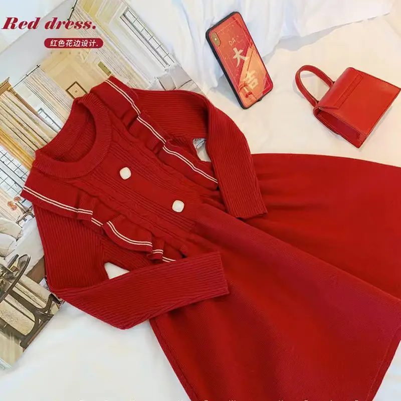 New Year Han Yi Su Red Knitted Suit for Family of Three - Image 2