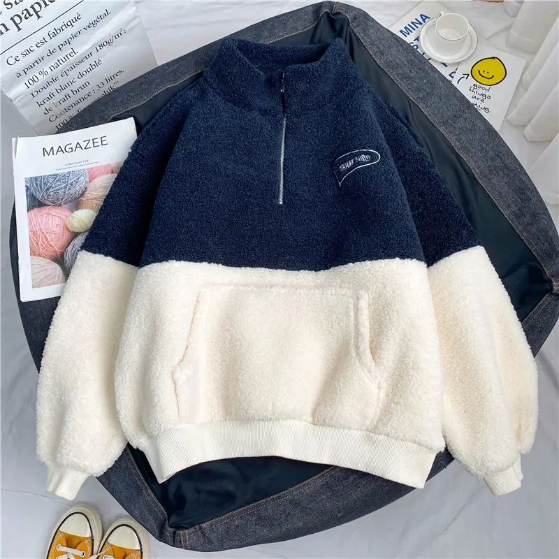 Women Crossbody Velvet Sweatshirt Navy White - Image 3
