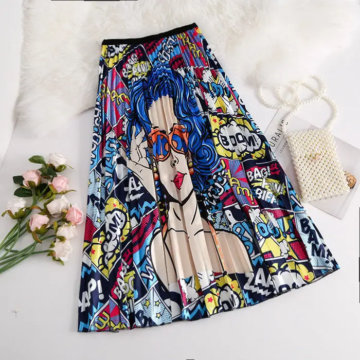 Spring Cartoon Print Elastic Skirt Women Mid Length - Image 16