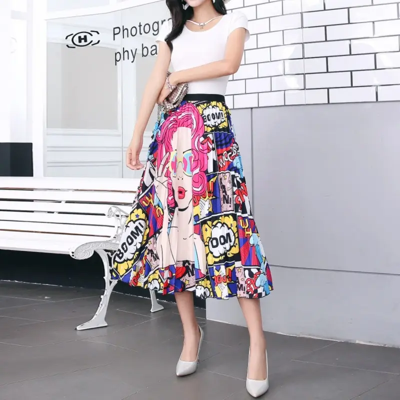 Spring Cartoon Print Elastic Skirt Women Mid Length — feature 4