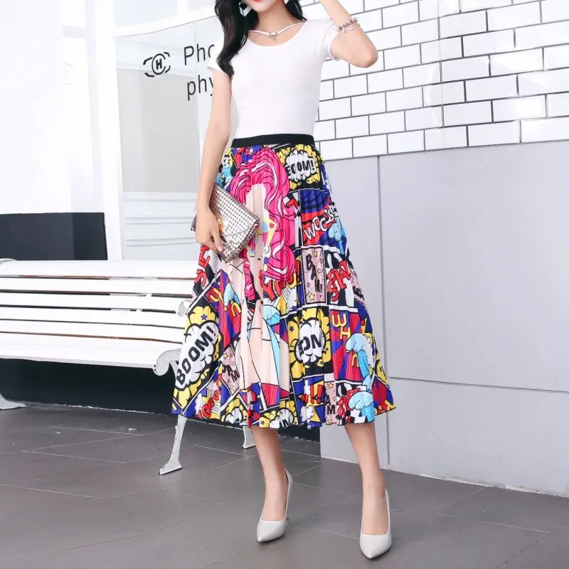Spring Cartoon Print Elastic Skirt Women Mid Length — feature 5