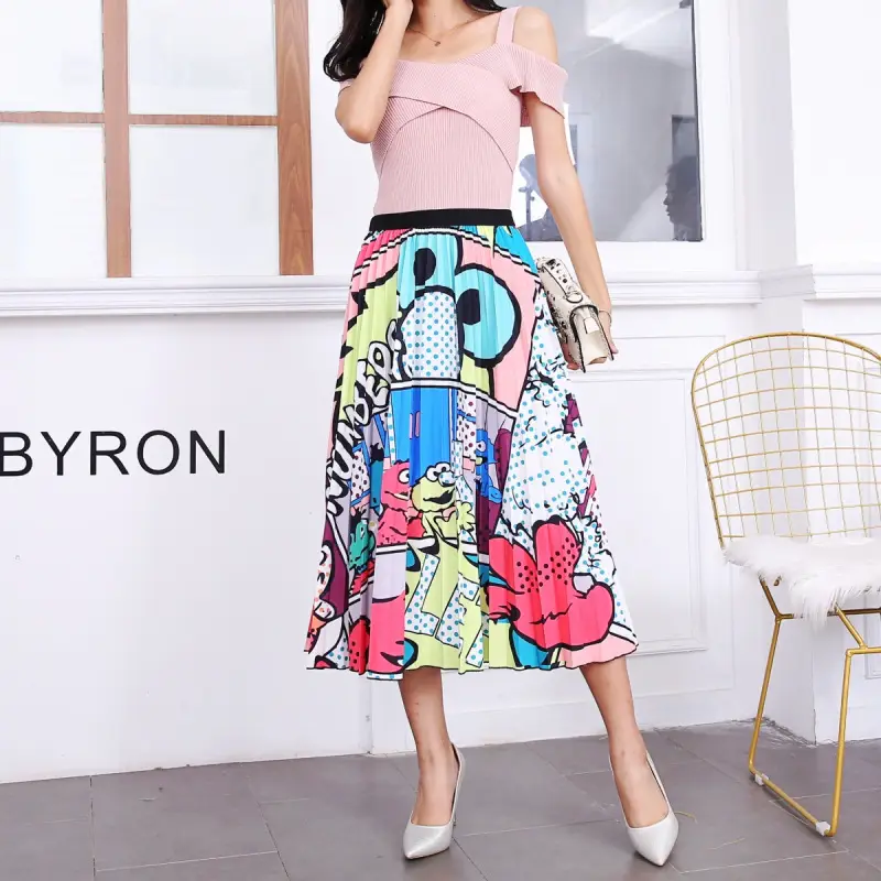 Spring Cartoon Print Elastic Skirt Women Mid Length — feature 7