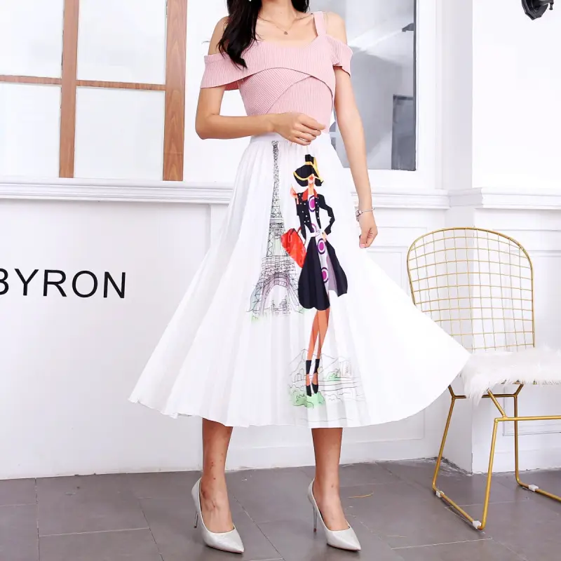 Spring Cartoon Print Elastic Skirt Women Mid Length - Image 3