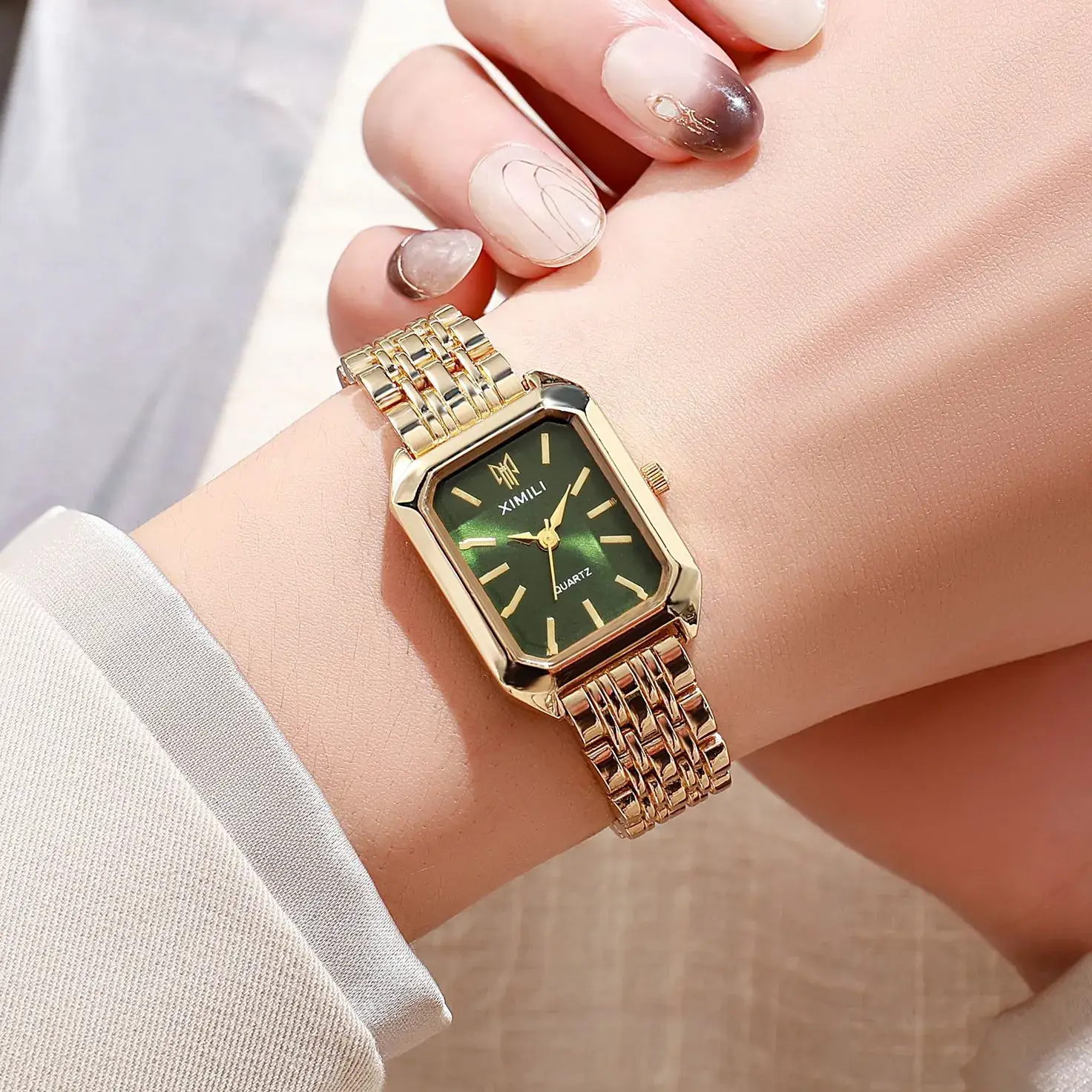 Gold Square Quartz Women's Watch with Chain Strap - Image 3