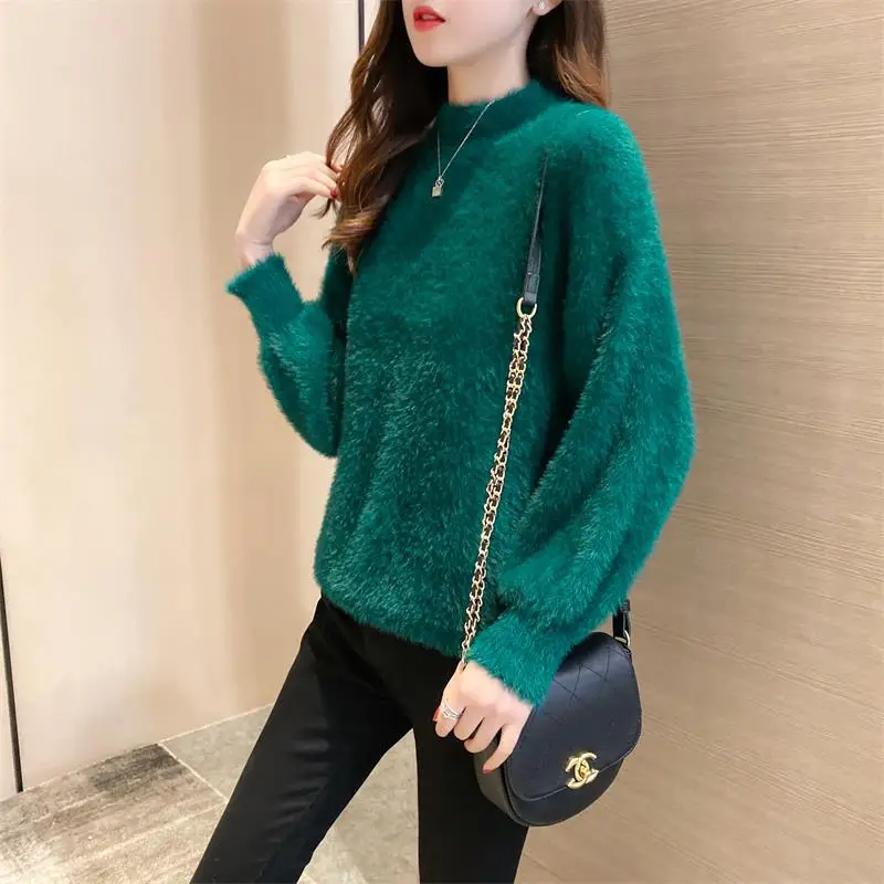 Women Mink Velvet Half-Turtleneck Sweater with Lantern Sleeve - Image 12