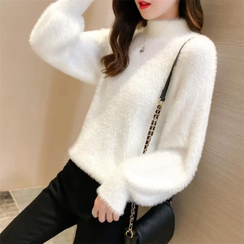 Women Mink Velvet Half-Turtleneck Sweater with Lantern Sleeve - Image 13