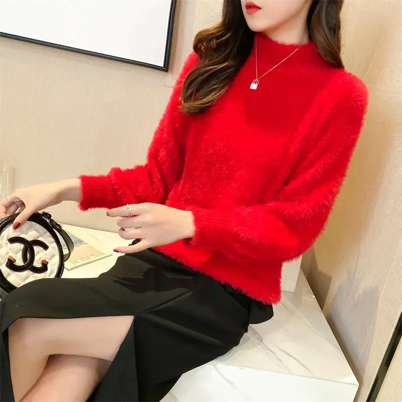 Women Mink Velvet Half-Turtleneck Sweater with Lantern Sleeve - Image 14