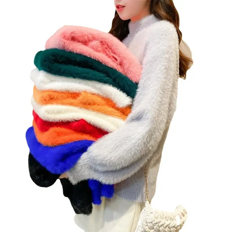 Women Mink Velvet Half-Turtleneck Sweater with Lantern Sleeve - Image 15