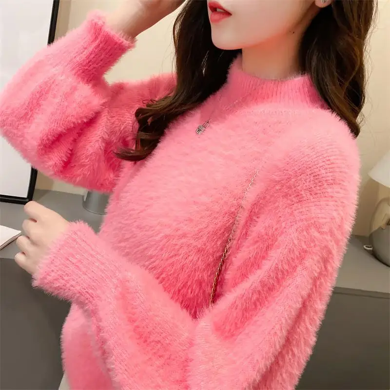 Women Mink Velvet Half-Turtleneck Sweater with Lantern Sleeve - Image 2