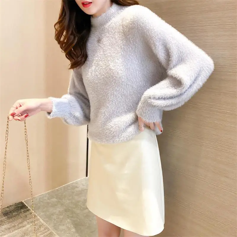Women Mink Velvet Half-Turtleneck Sweater with Lantern Sleeve - Image 4