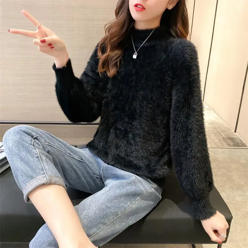 Women Mink Velvet Half-Turtleneck Sweater with Lantern Sleeve - Image 5