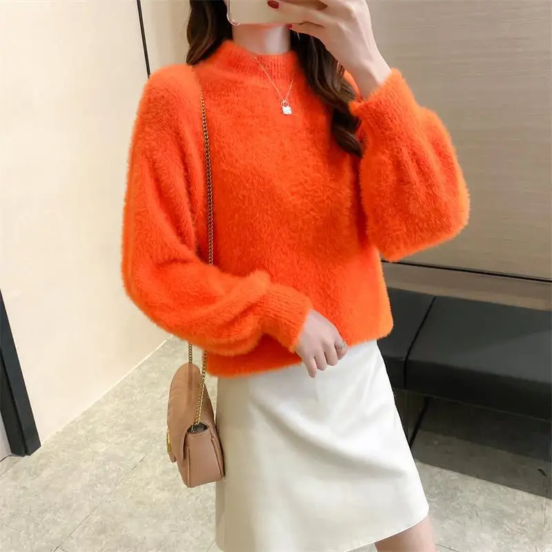 Women Mink Velvet Half-Turtleneck Sweater with Lantern Sleeve - Image 6