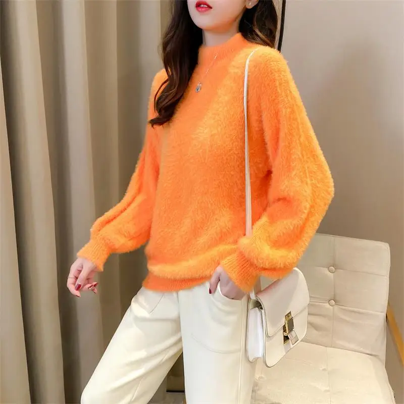 Women Mink Velvet Half-Turtleneck Sweater with Lantern Sleeve - Image 7