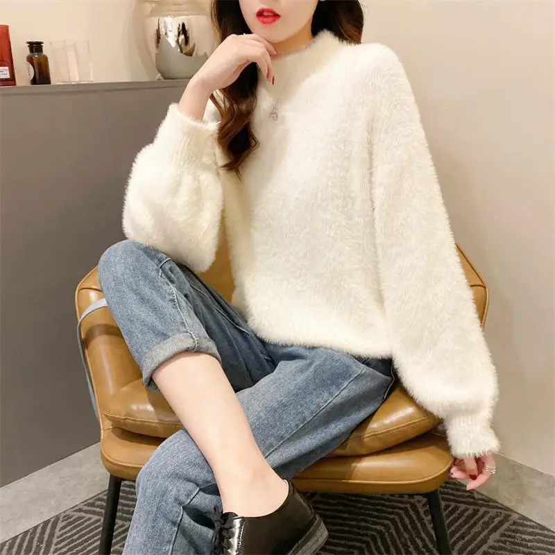 Women Mink Velvet Half-Turtleneck Sweater with Lantern Sleeve - Image 8