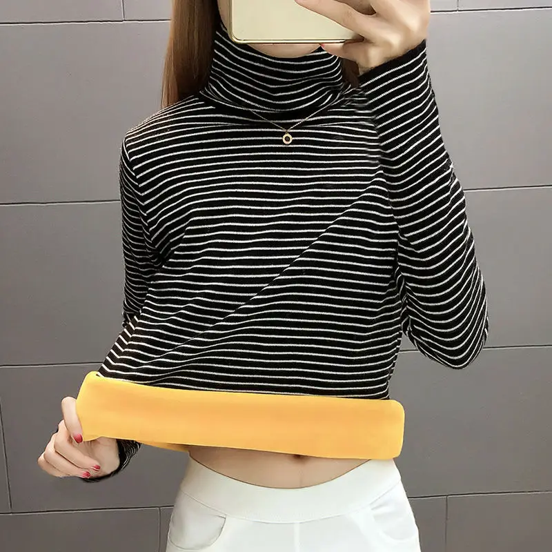 Women Warm Striped Turtleneck Top with Velvet Trim — feature 2