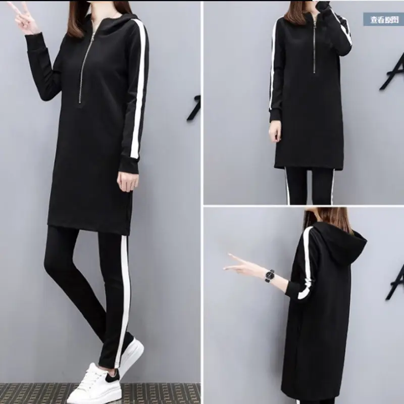 Women's Black Hoodie Track Suit Spring Autumn Loose Slimming Sports Set - Image 3