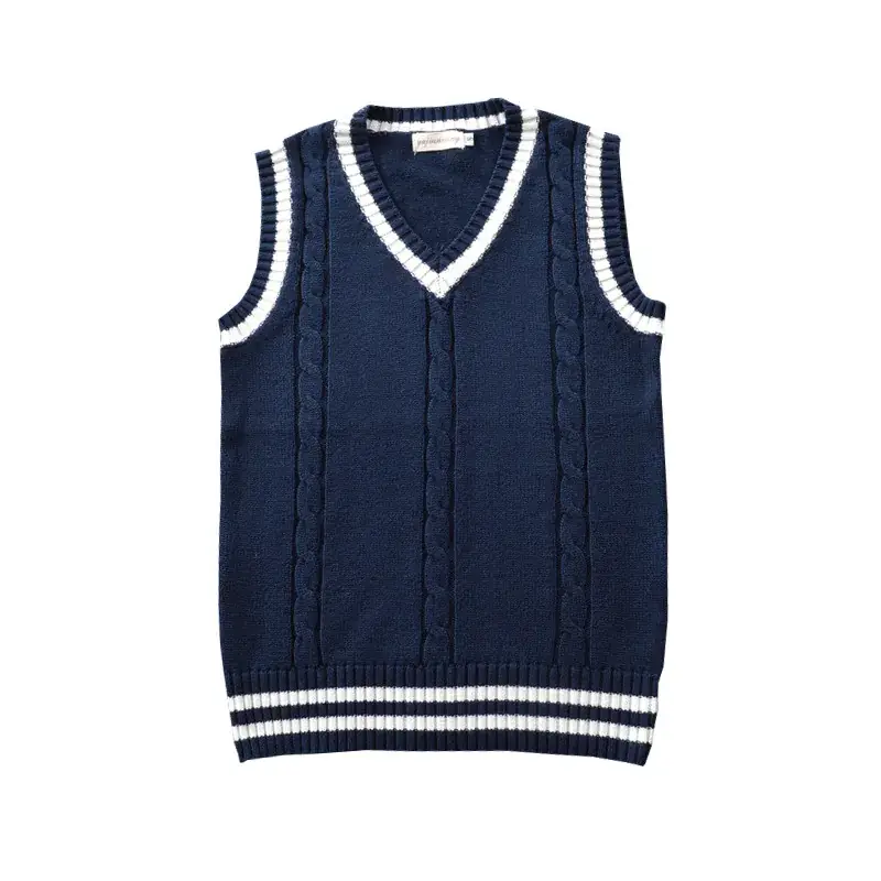 Spot College V-Neck Twist Knitted Vest Navy White - Image 4