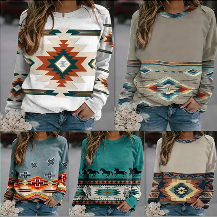 Long Sleeve Western Patterned Sweater for Women - Image 5