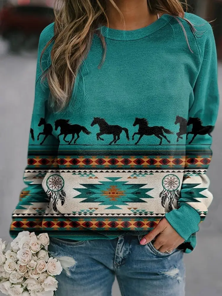 Long Sleeve Western Patterned Sweater for Women - Image 4