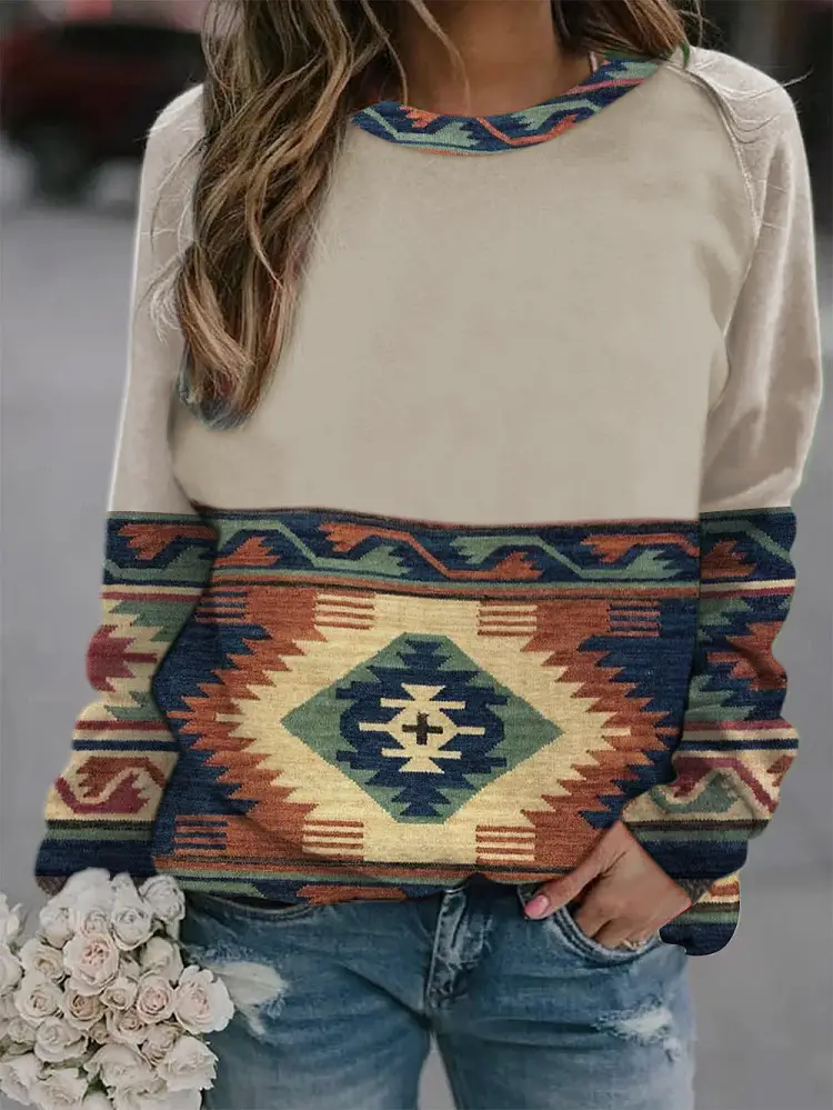 Long Sleeve Western Patterned Sweater for Women - Image 3