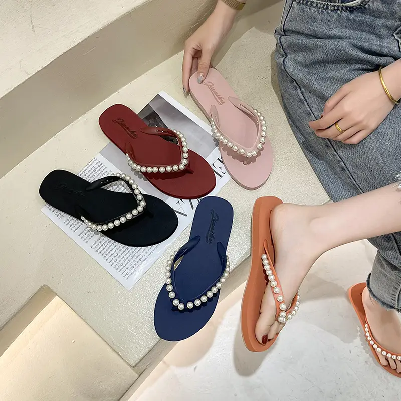 2024 Korean Style Pearl Flip Flops Women Plus Size