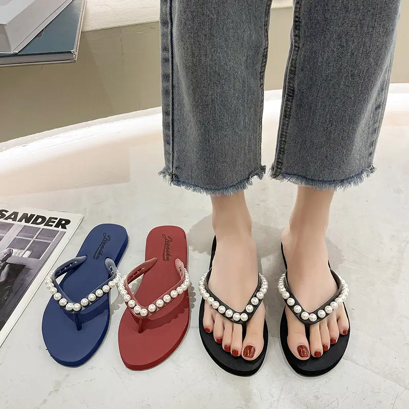 2024 Korean Style Pearl Flip Flops Women Plus Size