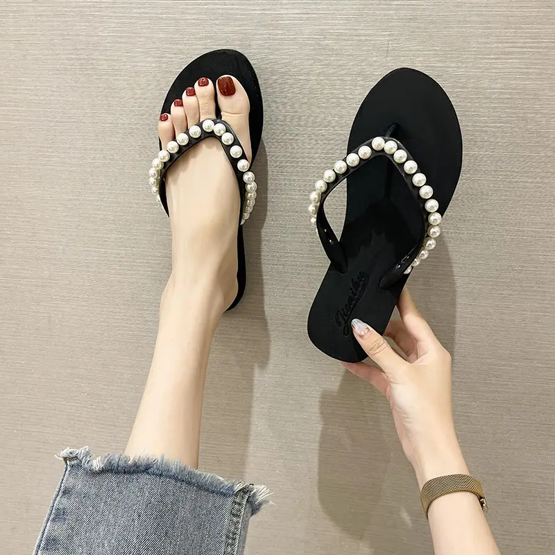 2024 Korean Style Pearl Flip Flops Women Plus Size