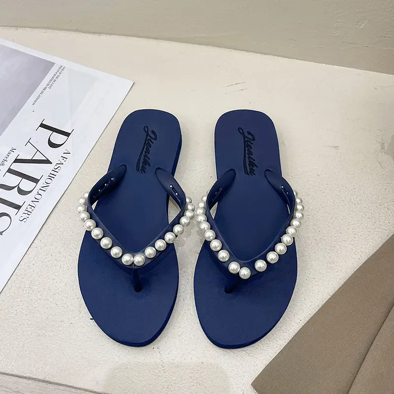 2024 Korean Style Pearl Flip Flops Women Plus Size