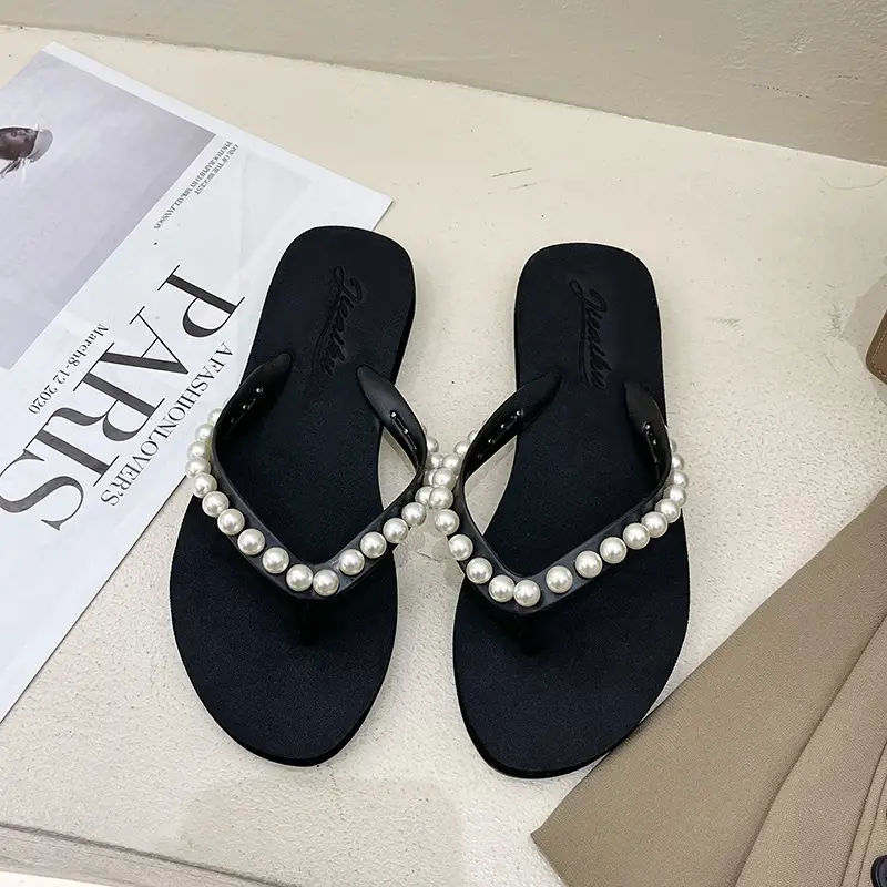 2024 Korean Style Pearl Flip Flops Women Plus Size
