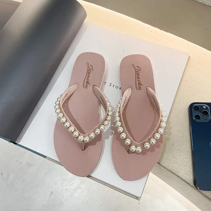 2024 Korean Style Pearl Flip Flops Women Plus Size