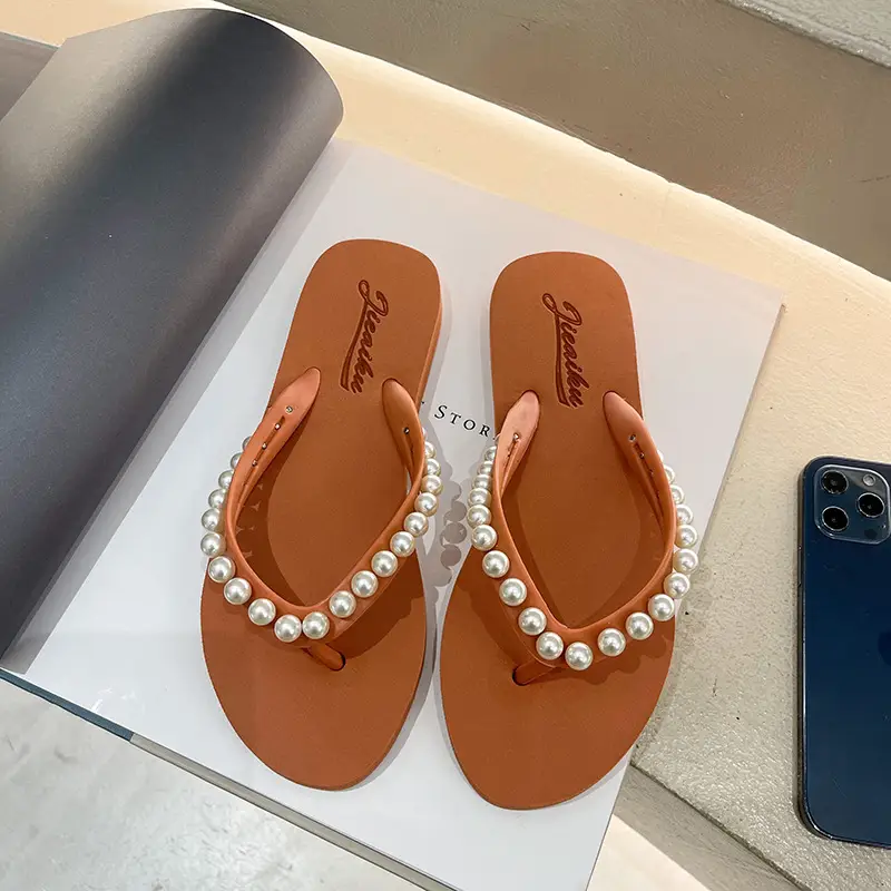 2024 Korean Style Pearl Flip Flops Women Plus Size