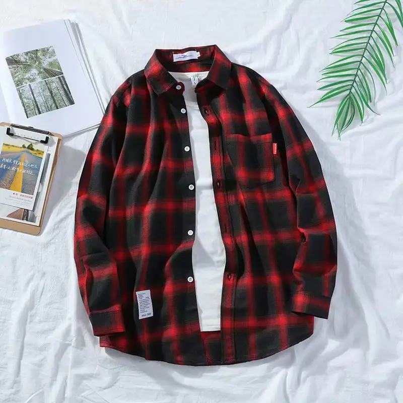 Men Plaid Long Sleeve Shirt Black Blue Red Loose Korean Style - Image 2