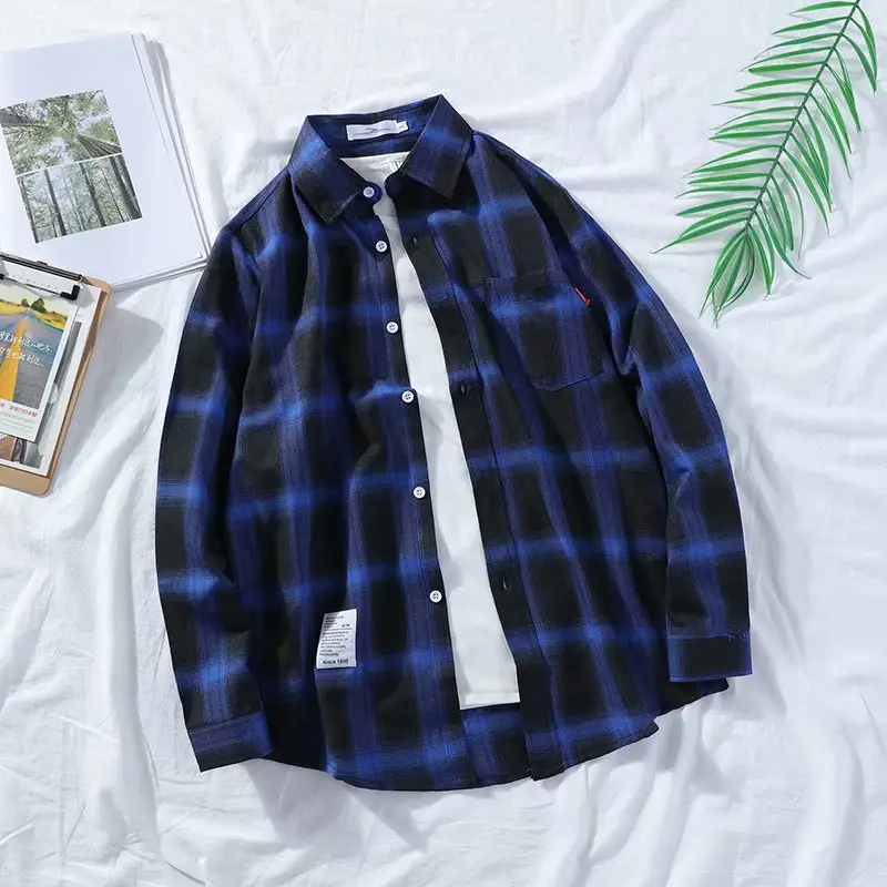 Men Plaid Long Sleeve Shirt Black Blue Red Loose Korean Style - Image 3