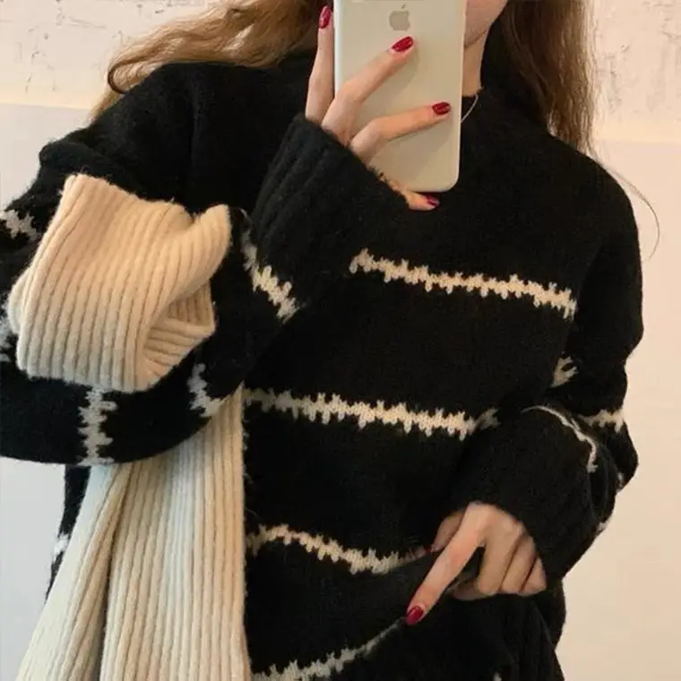 Women Striped Knit Sweater Brown Round Neck Long Sleeve