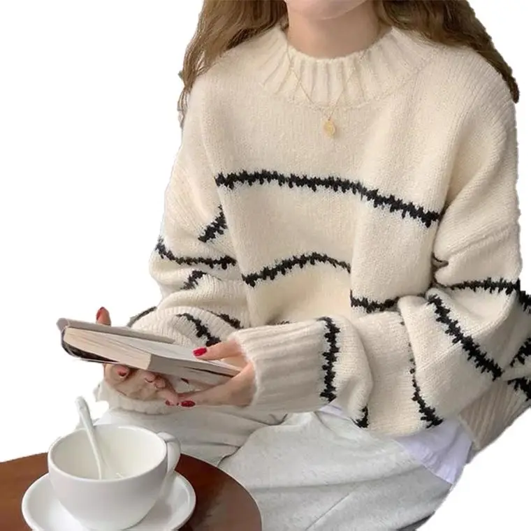 Women Striped Knit Sweater Brown Round Neck Long Sleeve
