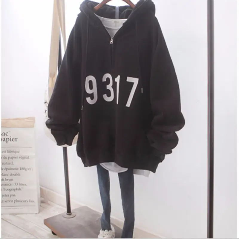 Women's Autumn and Winter 2026 New Korean Style Ins Harajuku Style Bf Loose Large Size Half-Zip Fleece-Lined Hooded Sweatshirt Jacket