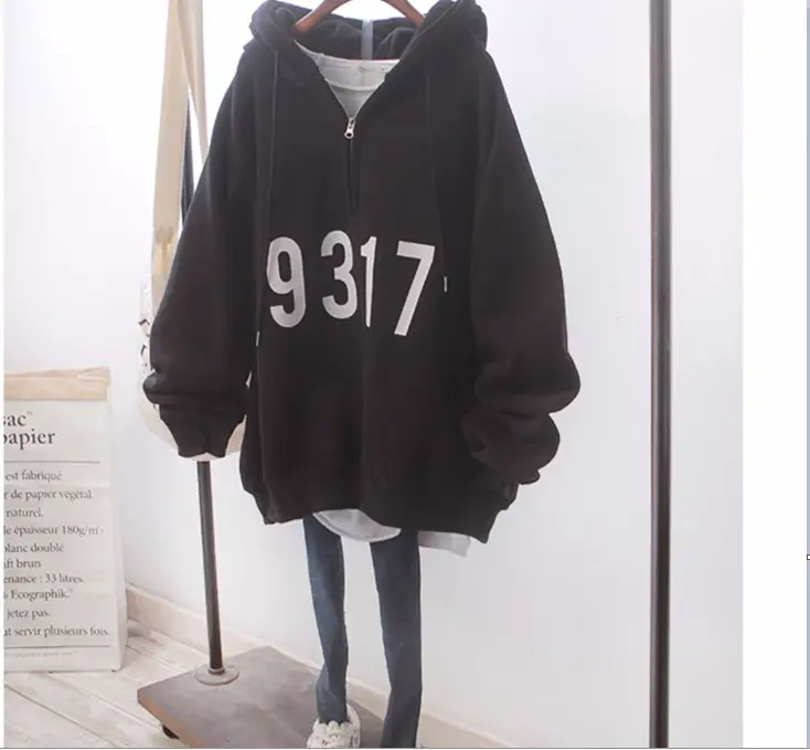 Women's Autumn and Winter 2026 New Korean Style Ins Harajuku Style Bf Loose Large Size Half-Zip Fleece-Lined Hooded Sweatshirt Jacket — feature 3
