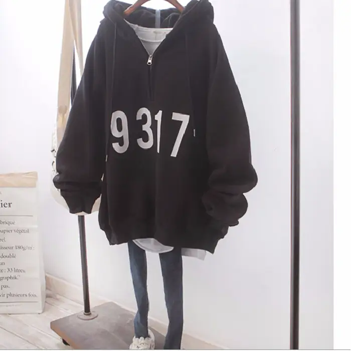 Women's Autumn and Winter 2026 New Korean Style Ins Harajuku Style Bf Loose Large Size Half-Zip Fleece-Lined Hooded Sweatshirt Jacket