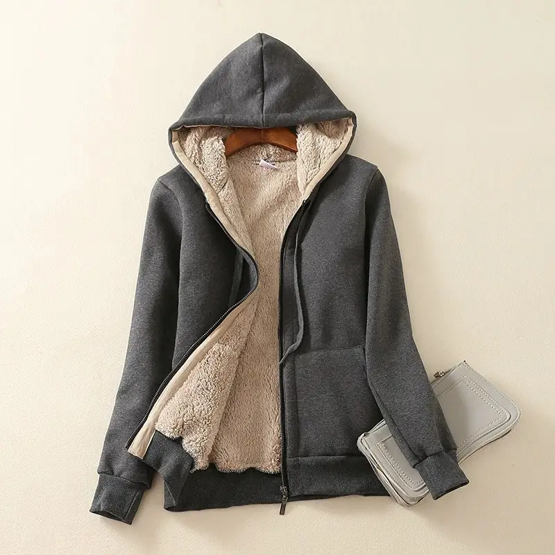 Gray Hooded Fleece Zipper Jacket for Women - Image 7