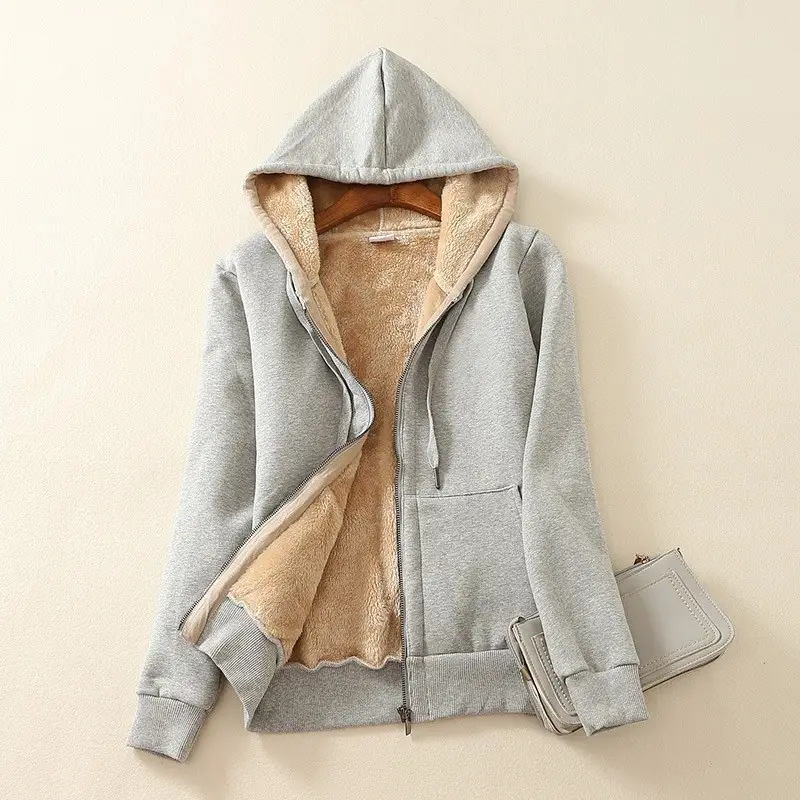 Gray Hooded Fleece Zipper Jacket for Women - Image 4