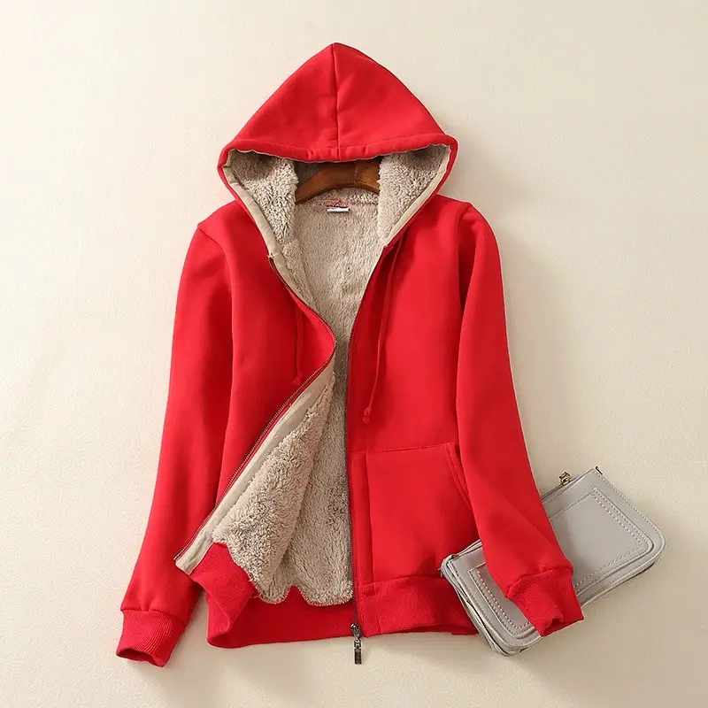 Gray Hooded Fleece Zipper Jacket for Women — feature 1