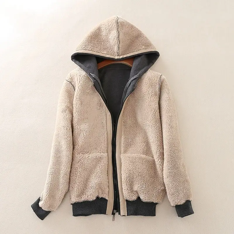 Gray Hooded Fleece Zipper Jacket for Women — feature 6