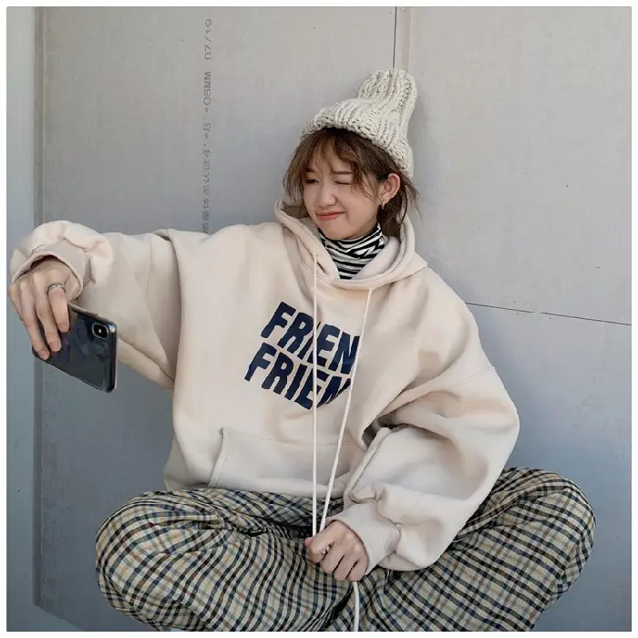 Fleece Hooded Sweatshirt Women New Winter Letter Print Loose Fit - Image 4