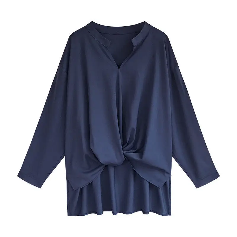 Plus Size Women's Navy Blue Long Sleeve Tie Front Shirt — feature 9