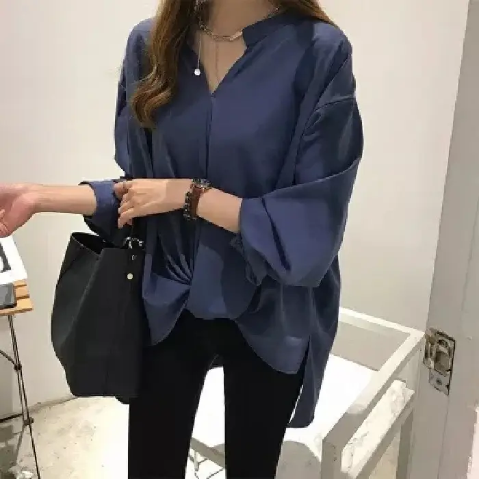 Plus Size Women's Navy Blue Long Sleeve Tie Front Shirt - Image 2