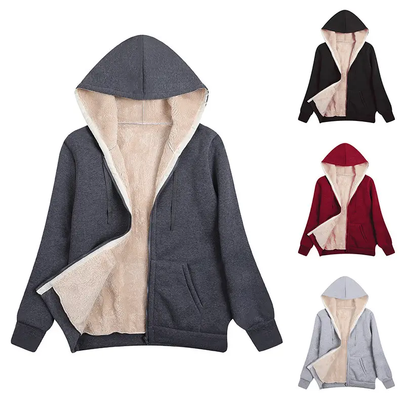 Women Grey Hooded Plush Winter Coat Top Large - Image 4
