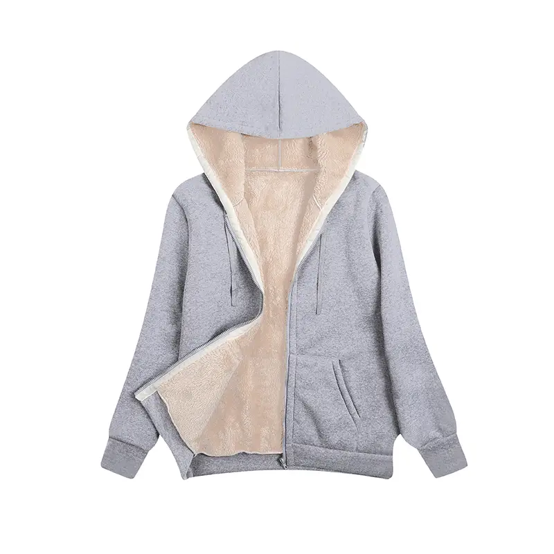 Women Grey Hooded Plush Winter Coat Top Large - Image 7