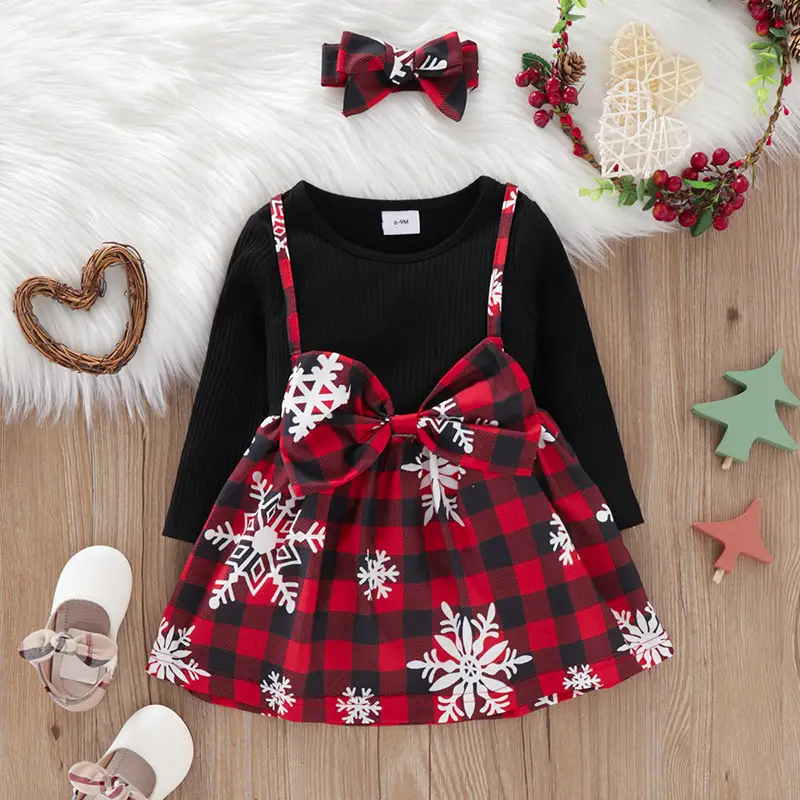 Girls Christmas Plaid Dress with Bow & Princess Skirt - Image 4
