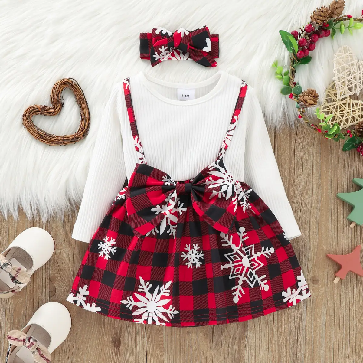 Girls Christmas Plaid Dress with Bow & Princess Skirt - Image 2