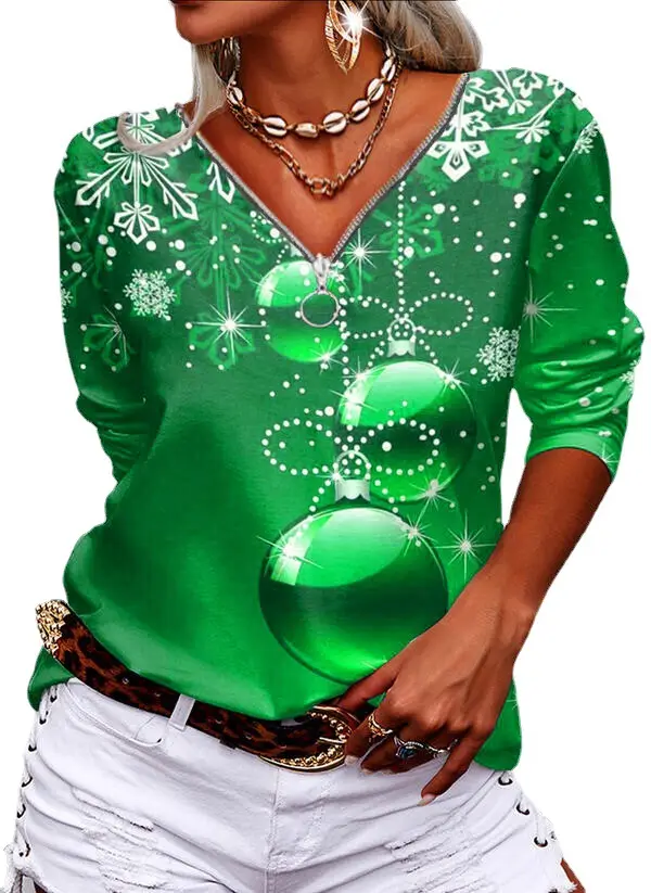 Blue Christmas Print V Neck Zipper T-Shirt Women - Image 9